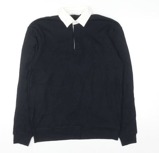 Zara Men Blue Collared Pullover Jumper Medium Cotton Long Sleeve