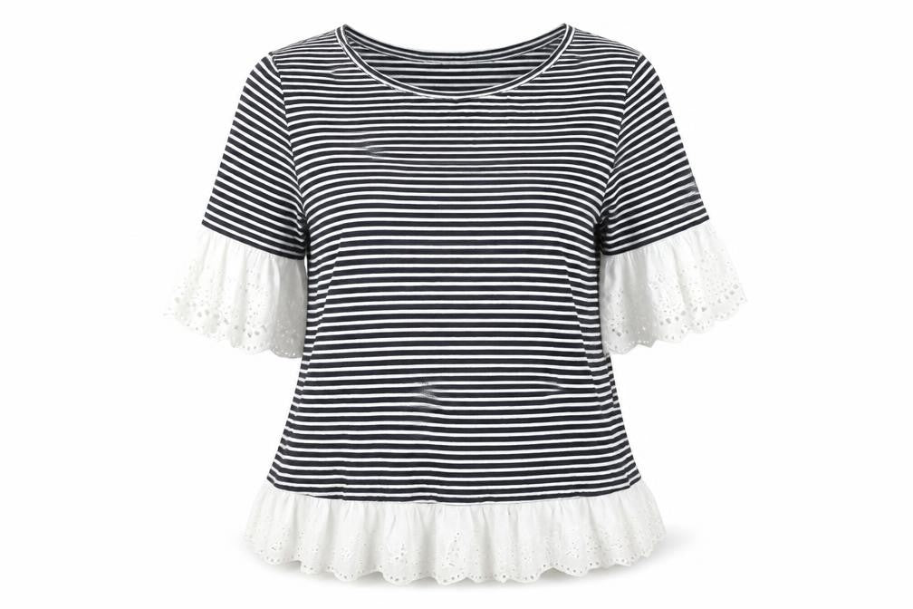 Falmer Heritage Women's Navy Stripe Cotton Ruffle Blouse Size 12