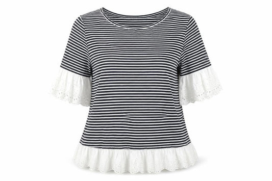 Falmer Heritage Women's Navy Stripe Cotton Ruffle Blouse Size 12