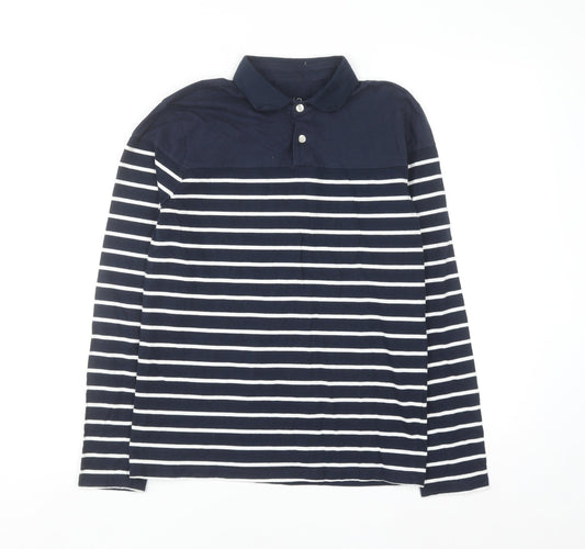 Kuegou Mens Blue Striped Long Sleeve Cotton Button-Up Shirt Medium