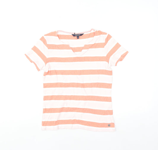 Maine New England Women's Orange White Striped Cotton V-Neck T-Shirt Size 10