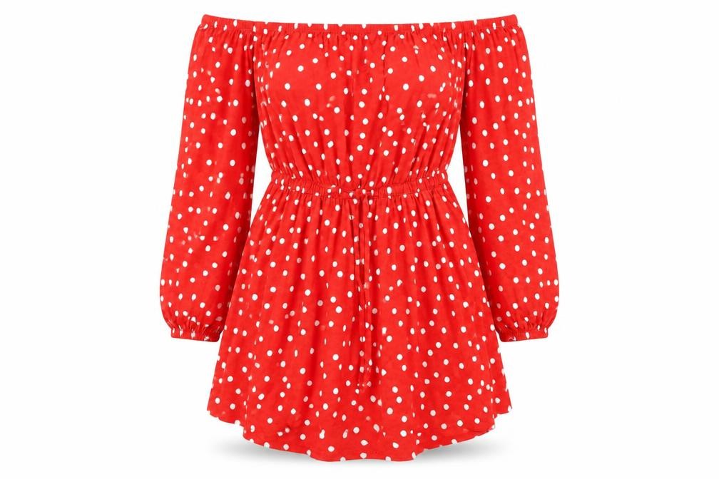 Front view of ASOS Women Red Polka Dot Off Shoulder Skater Dress, size 10