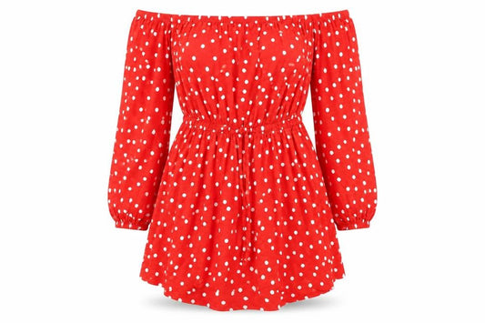 Front view of ASOS Women Red Polka Dot Off Shoulder Skater Dress, size 10
