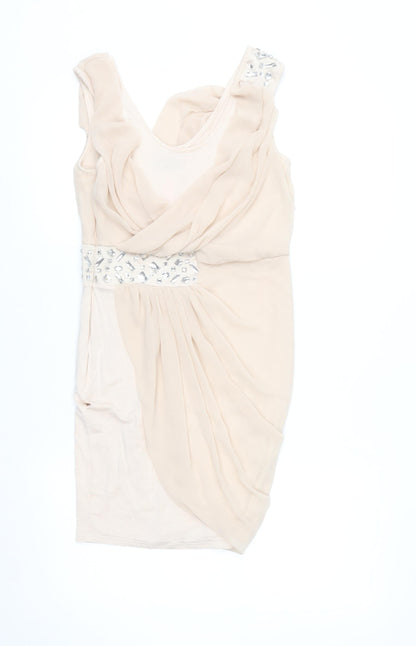 Lipsy Women Beige Beaded Bodycon Sleeveless Party Dress Size 8