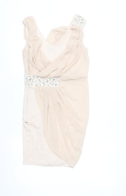 Lipsy Women Beige Beaded Bodycon Sleeveless Party Dress Size 8