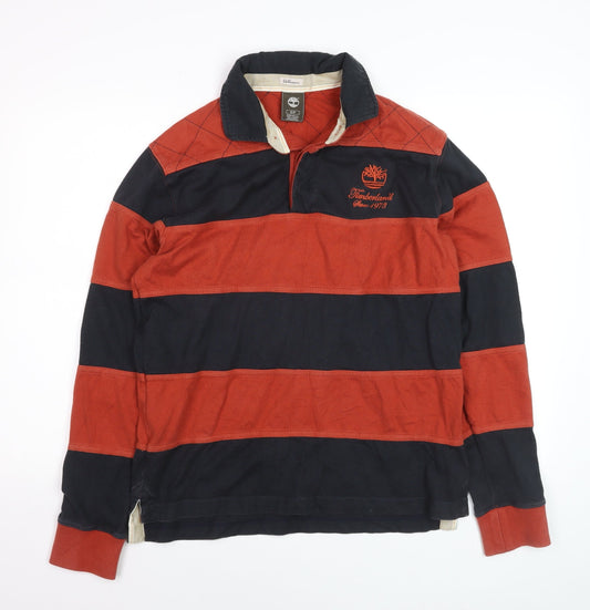 Timberland Men’s Red & Navy Striped Long Sleeve Rugby Polo Shirt Size S