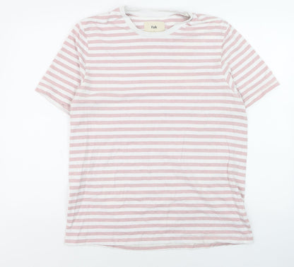 Folk Men's Pink White Striped Cotton Crew Neck T-Shirt Size L