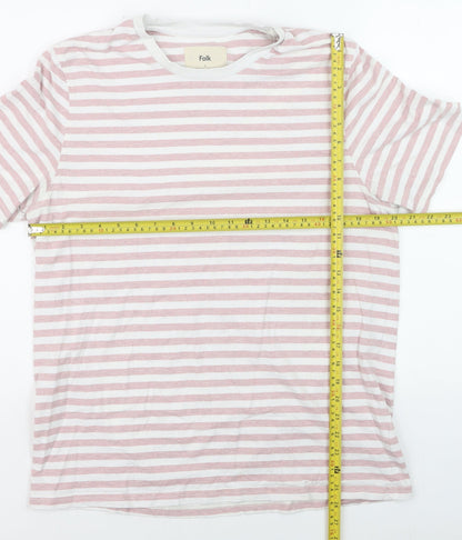 Folk Men's Pink White Striped Cotton Crew Neck T-Shirt Size L