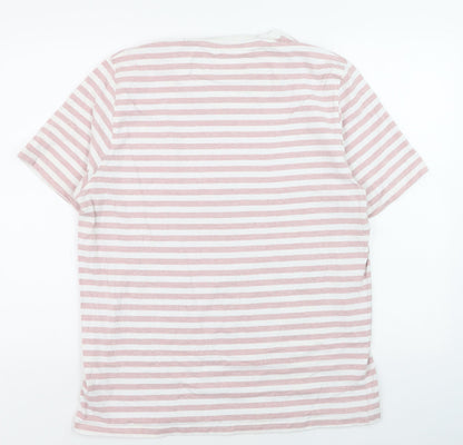 Folk Men's Pink White Striped Cotton Crew Neck T-Shirt Size L