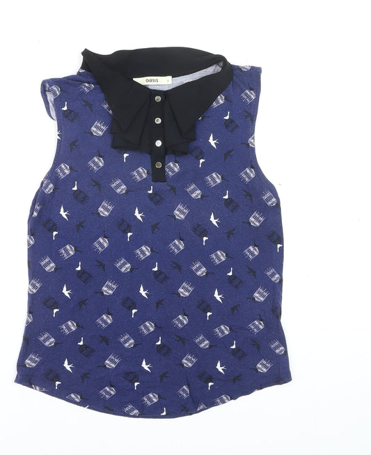 Oasis Women's Blue Bird Print Collared Sleeveless Blouse Size S