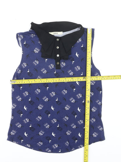 Oasis Women's Blue Bird Print Collared Sleeveless Blouse Size S
