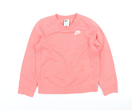 Nike Girls Pink Pullover Fleece Sweatshirt Size 8-9 Years Crew Neck Logo