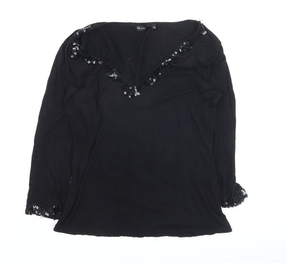 Marks and Spencer Per Una Black Beaded V-Neck Long Sleeve Tunic Blouse Size 10