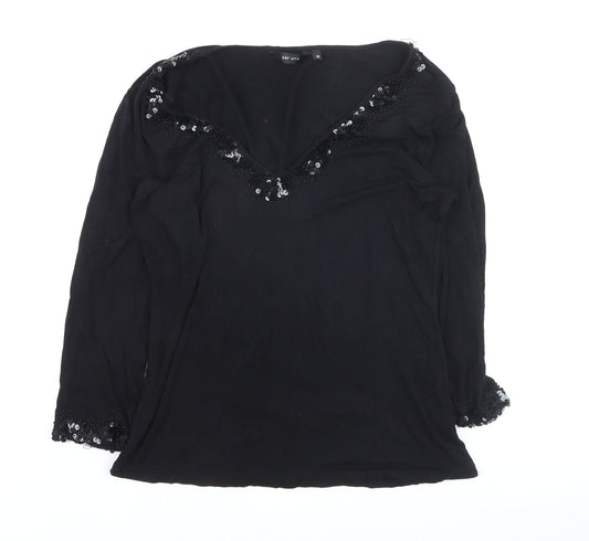 Marks and Spencer Per Una Black Beaded V-Neck Long Sleeve Tunic Blouse Size 10