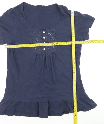 Marks and Spencer Women's Blue Cotton Short Sleeve Embroidered T-Shirt Size 12