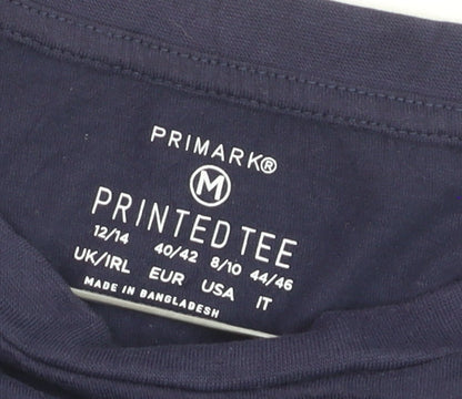 Primark Women's Blue Printed T-Shirt Size 12/14 Short Sleeve Casual Top