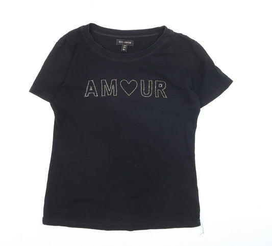 QED London Womens Black Beaded AMOUR Short Sleeve Cotton T-Shirt M