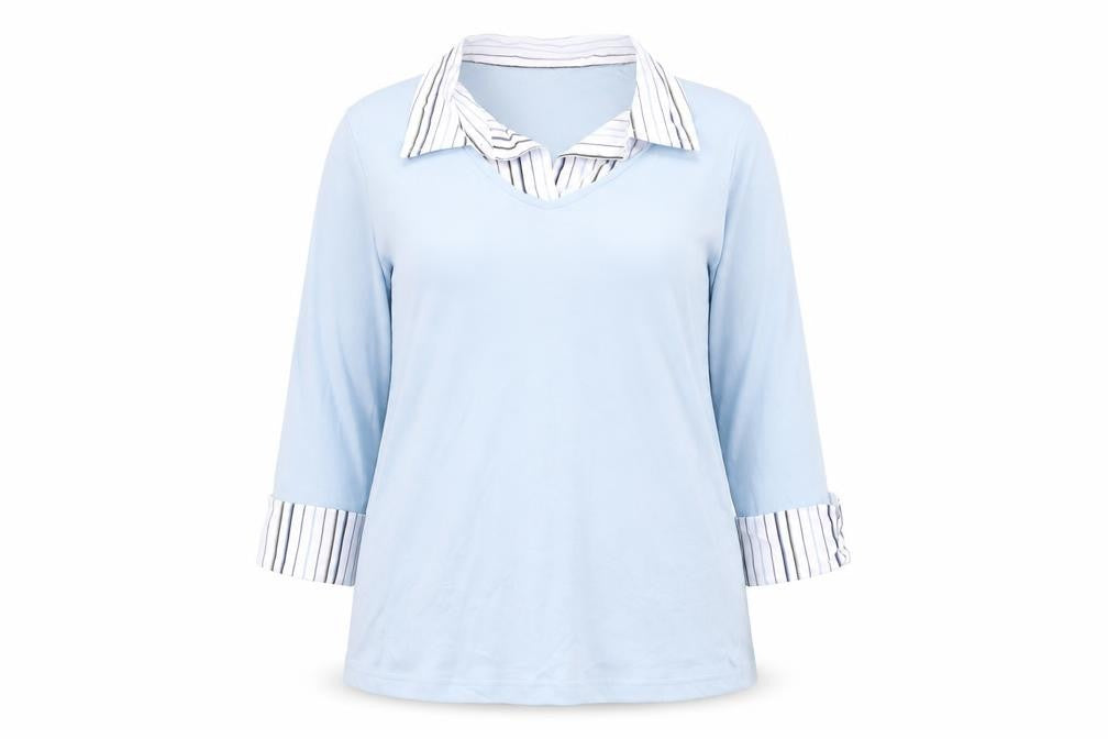 Damart Women Blue Striped Collar Cotton 3/4 Sleeve Button-Up Top Size 14/16