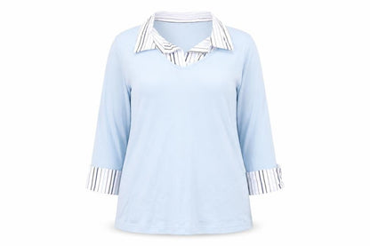 Damart Women Blue Striped Collar Cotton 3/4 Sleeve Button-Up Top Size 14/16