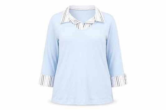 Damart Women Blue Striped Collar Cotton 3/4 Sleeve Button-Up Top Size 14/16