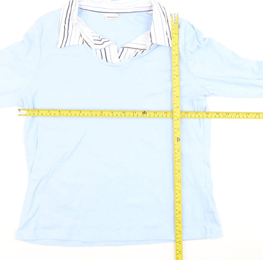 Damart Women Blue Striped Collar Cotton 3/4 Sleeve Button-Up Top Size 14/16