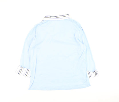 Damart Women Blue Striped Collar Cotton 3/4 Sleeve Button-Up Top Size 14/16