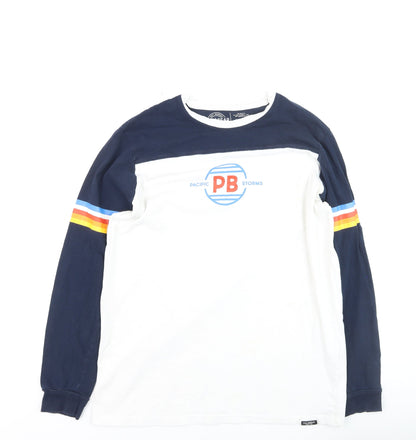 Pull & Bear Men's White Navy Retro Long Sleeve Cotton Top L