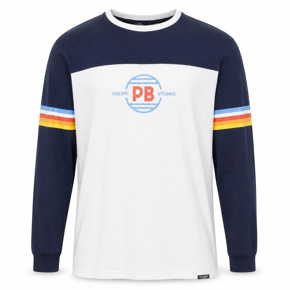 Pull & Bear Men's White Navy Retro Long Sleeve Cotton Top L