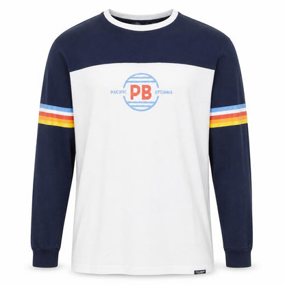 Pull & Bear Men's White Navy Retro Long Sleeve Cotton Top L