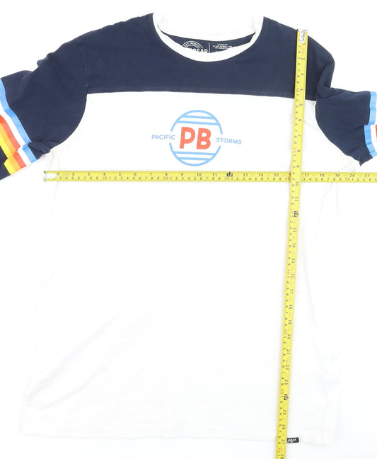 Pull & Bear Men's White Navy Retro Long Sleeve Cotton Top L