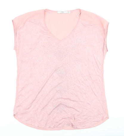 Next Women Pink Beaded Chiffon Blouse Size 16 V-Neck Short Sleeve