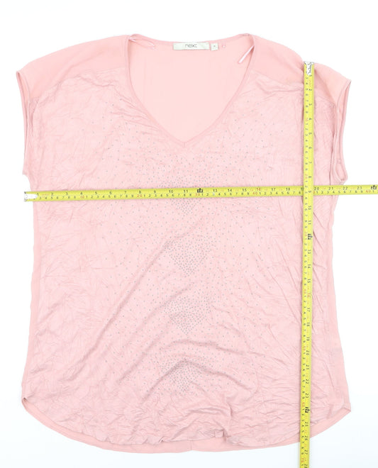 Next Women Pink Beaded Chiffon Blouse Size 16 V-Neck Short Sleeve
