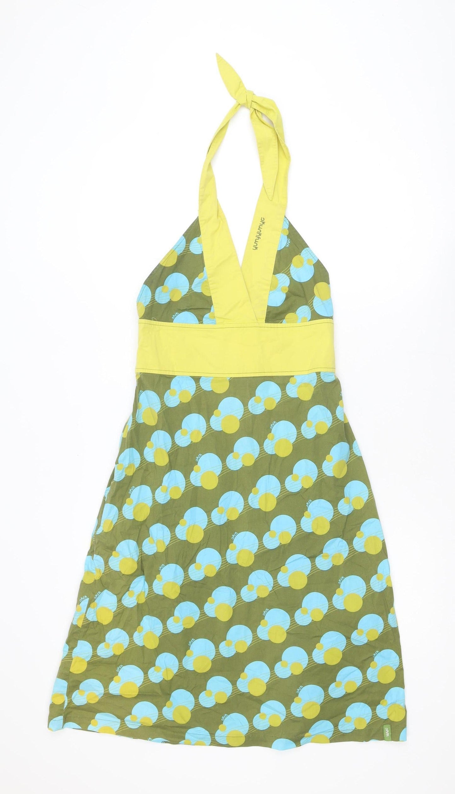 Skunkfunk Women Green Geometric Halter Cotton Blend Knee Dress Size 10