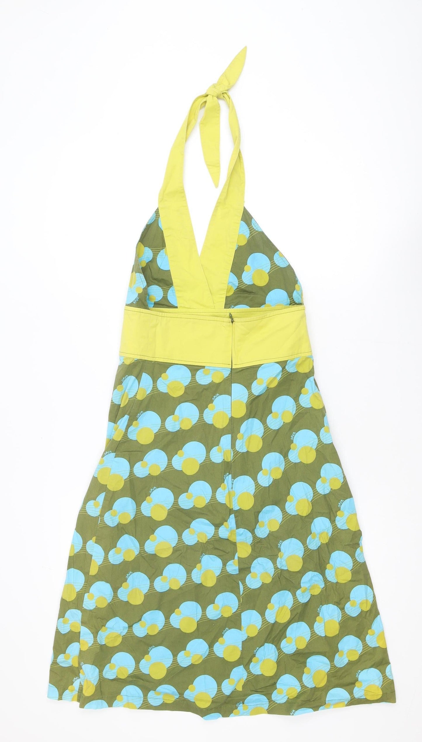 Skunkfunk Women Green Geometric Halter Cotton Blend Knee Dress Size 10