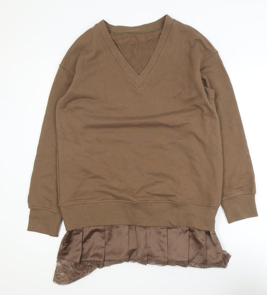 Commense Women Brown M V-Neck Long Sleeve Knit Sweater Dress