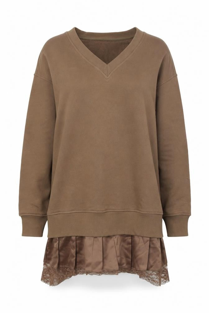 Commense Women Brown M V-Neck Long Sleeve Knit Sweater Dress
