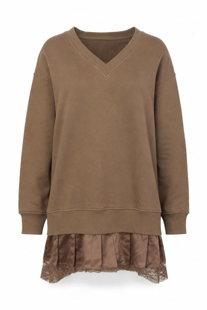 Commense Women Brown M V-Neck Long Sleeve Knit Sweater Dress