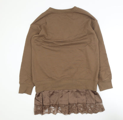 Commense Women Brown M V-Neck Long Sleeve Knit Sweater Dress