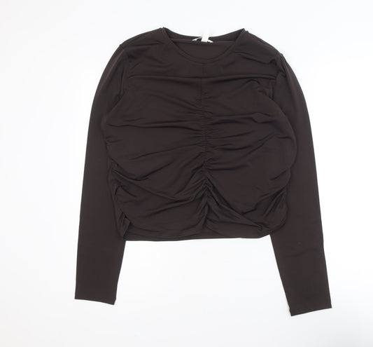 H&M Women Brown Ruched Long Sleeve Jersey Top Size 16