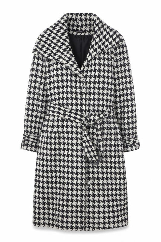 Dunnes Women's Black Houndstooth Belted Wool Trench Coat Size 12