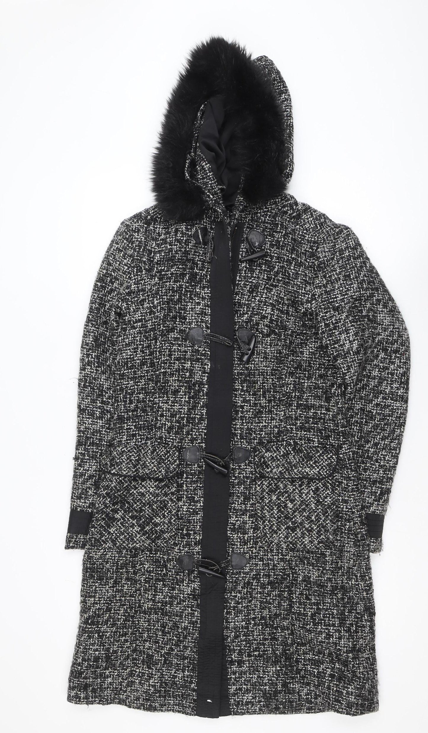 Marks and Spencer Per Una Women's Black Tweed Hooded Duffle Coat Size S