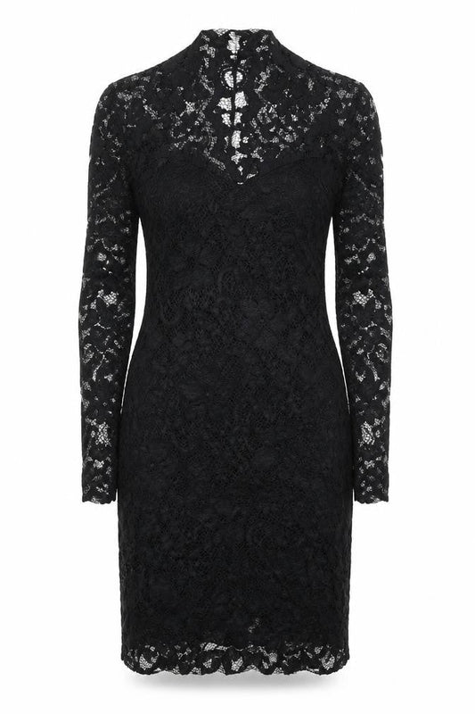 Front view of ASOS Women’s Black Lace Bodycon Knee Length Dress, size UK 6