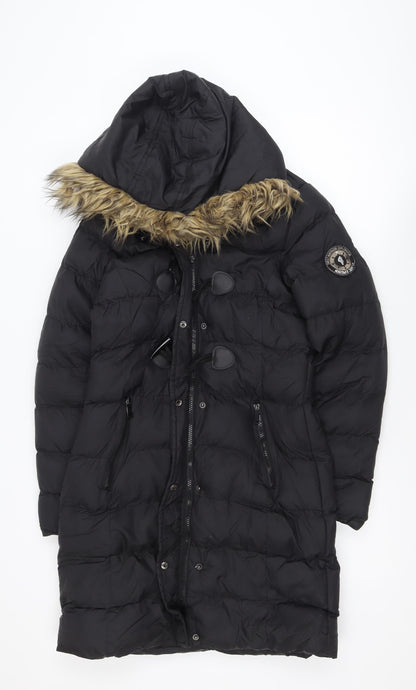 Boohoo Women's Black Long Hooded Puffer Coat Size 10 Fur Trim Winter