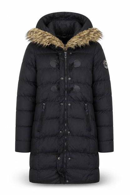 Boohoo Women's Black Long Hooded Puffer Coat Size 10 Fur Trim Winter