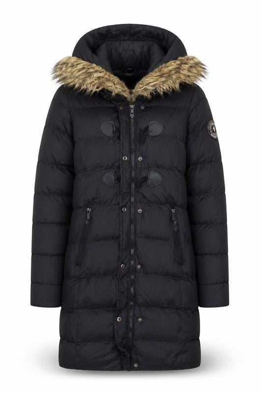 Boohoo Women's Black Long Hooded Puffer Coat Size 10 Fur Trim Winter