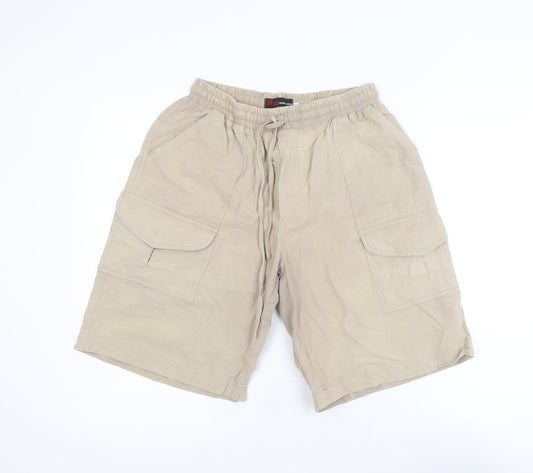 B12 Casual Wear Men's Beige Cargo Shorts L Elastic Waist Cotton