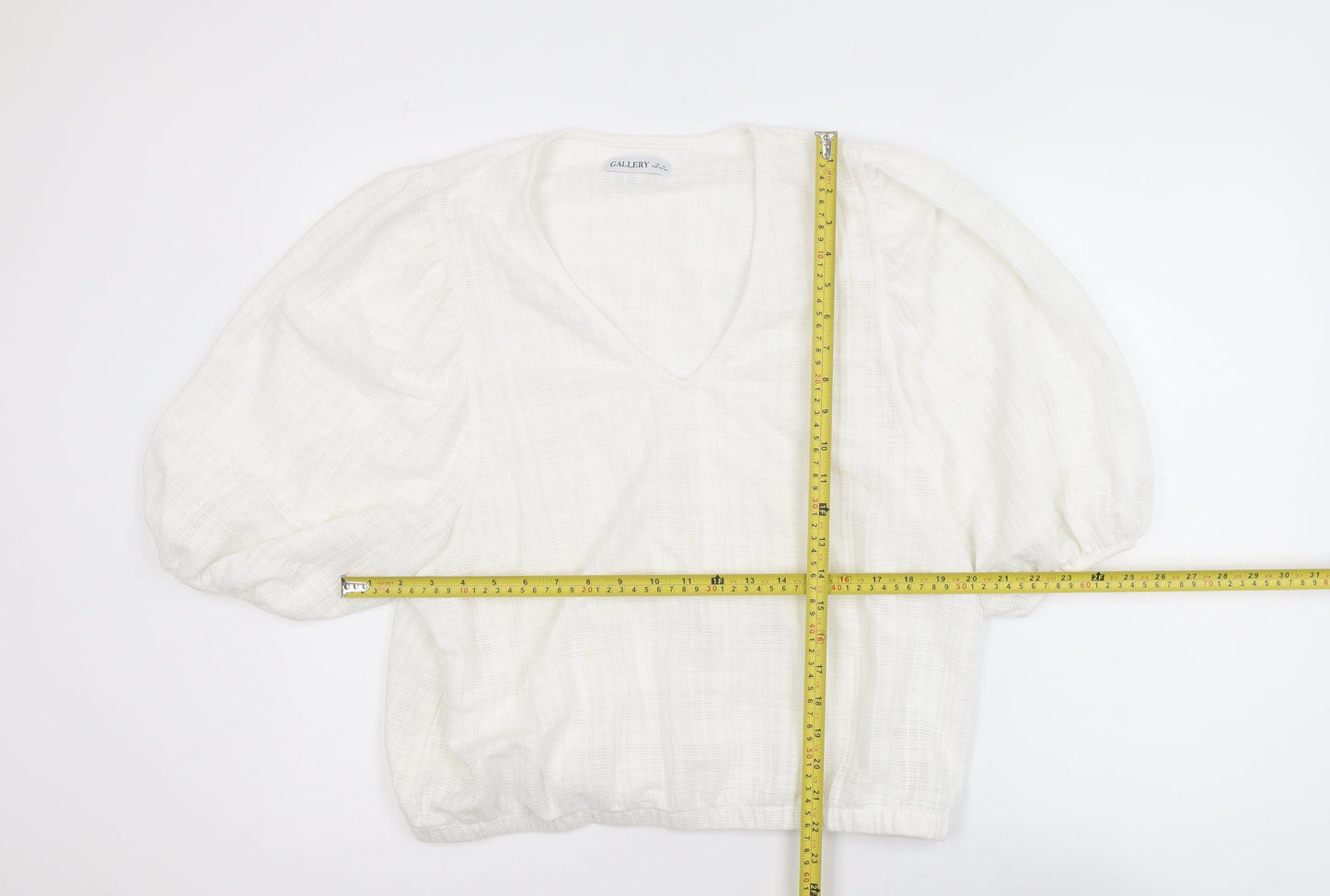 Gallery Women’s Ivory Puff Sleeve V-Neck Cropped Blouse Size M