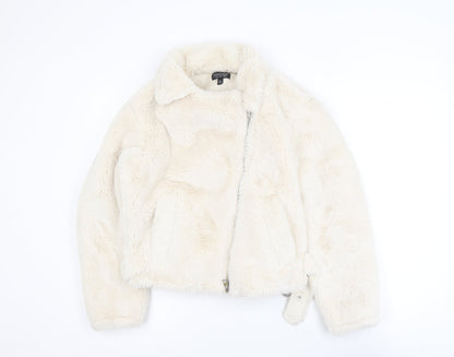 Topshop Women's Ivory Faux Fur Biker Jacket Size 8