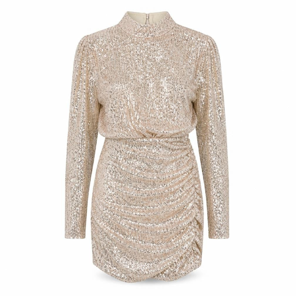 PRETTYLITTLETHING Women’s Gold Sequin Bodycon Dress Size 6 Party Long Sleeve