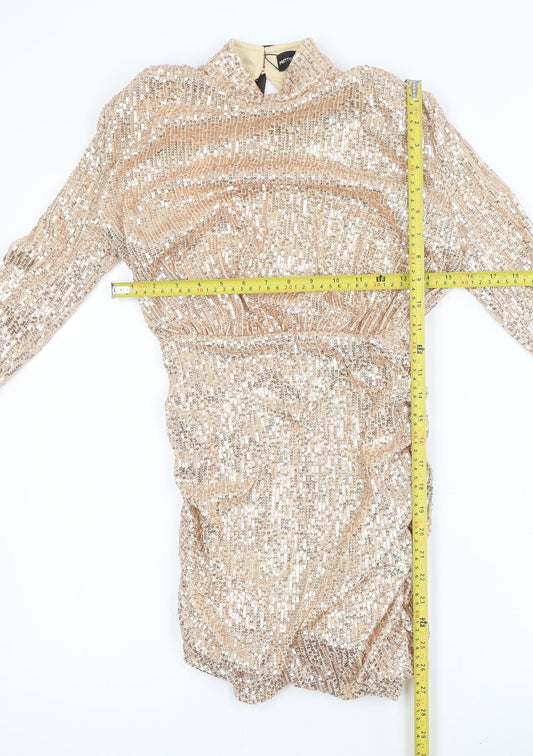 PrettyLittleThing Women’s Gold Sequin Bodycon Dress Size 6 Party Long Sleeve